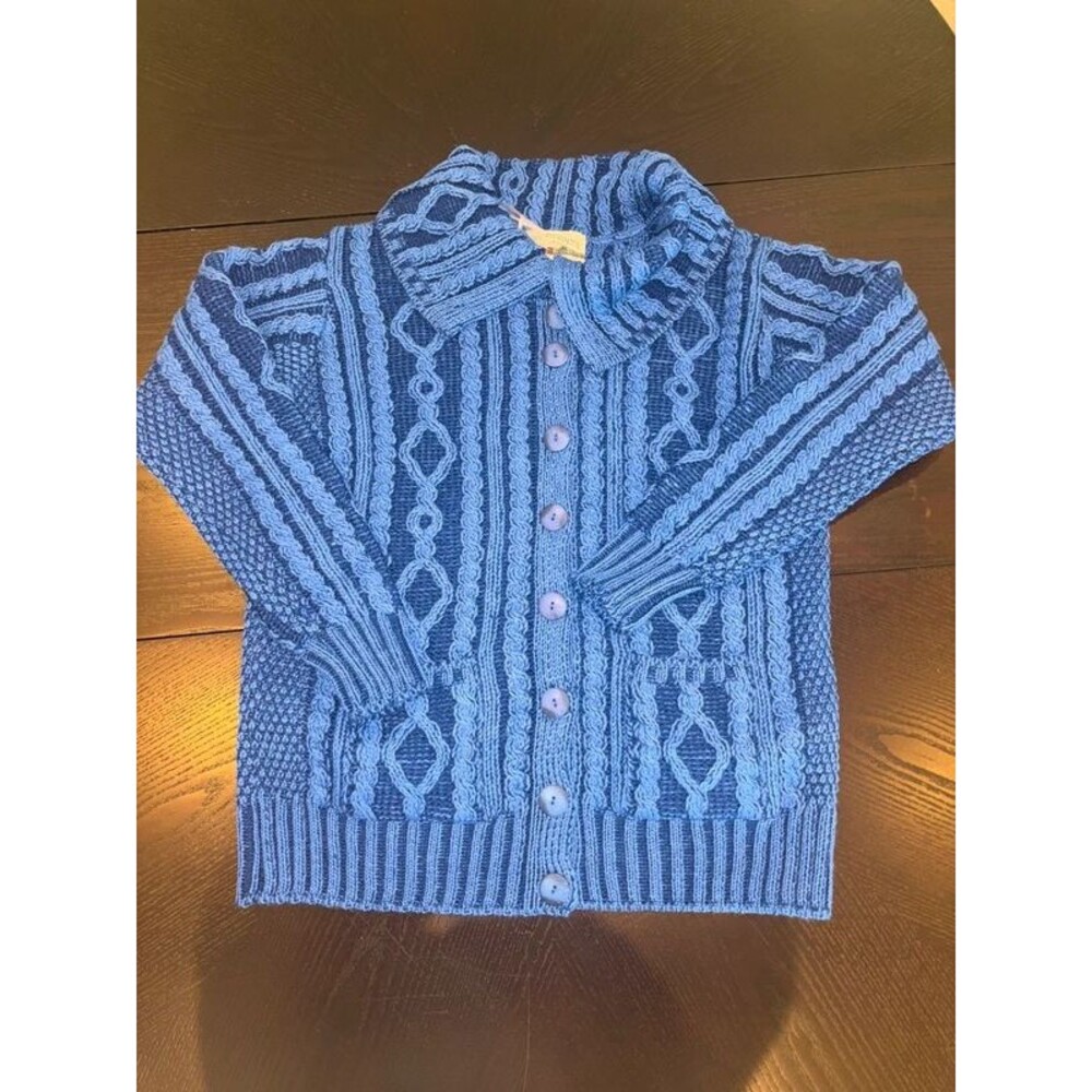 New Aran Crafts 100% Merino Wool Blue Cable Knit Sweater Sz M